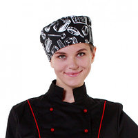 Шапочка повара «Таблетка» поварёшки и кастрюли на чёрном фоне
