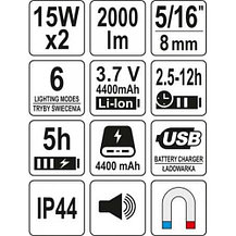 Прожектор звуковой 186х86х62мм (15Wх2, 2000lm, 3.7V, 4400mAh, usb, IP44, динамик) "Yato" YT-81808, фото 3