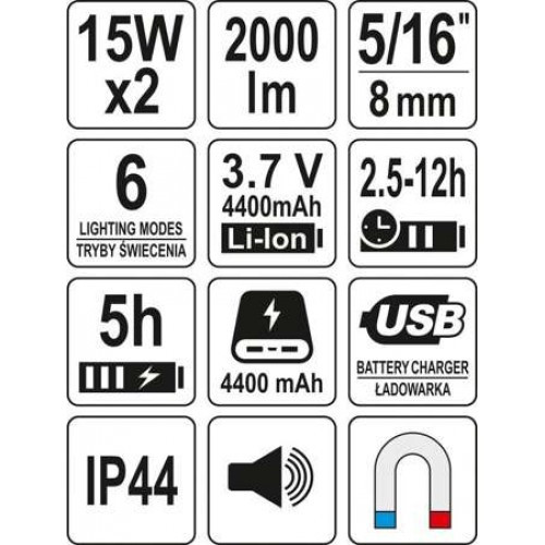 Прожектор звуковой 186х86х62мм (15Wх2, 2000lm, 3.7V, 4400mAh, usb, IP44, динамик) "Yato" YT-81808 - фото 3 - id-p219409427