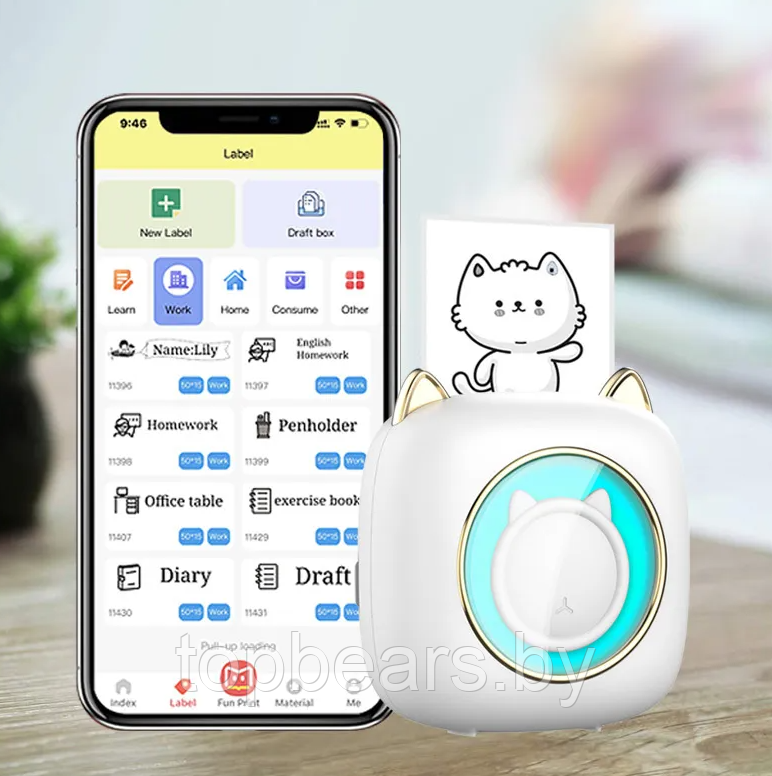 Портативный USB мини принтер Portable Mini Printer Котик для термопечати с телефона с подсветкой 7 LED Белый - фото 3 - id-p219442353