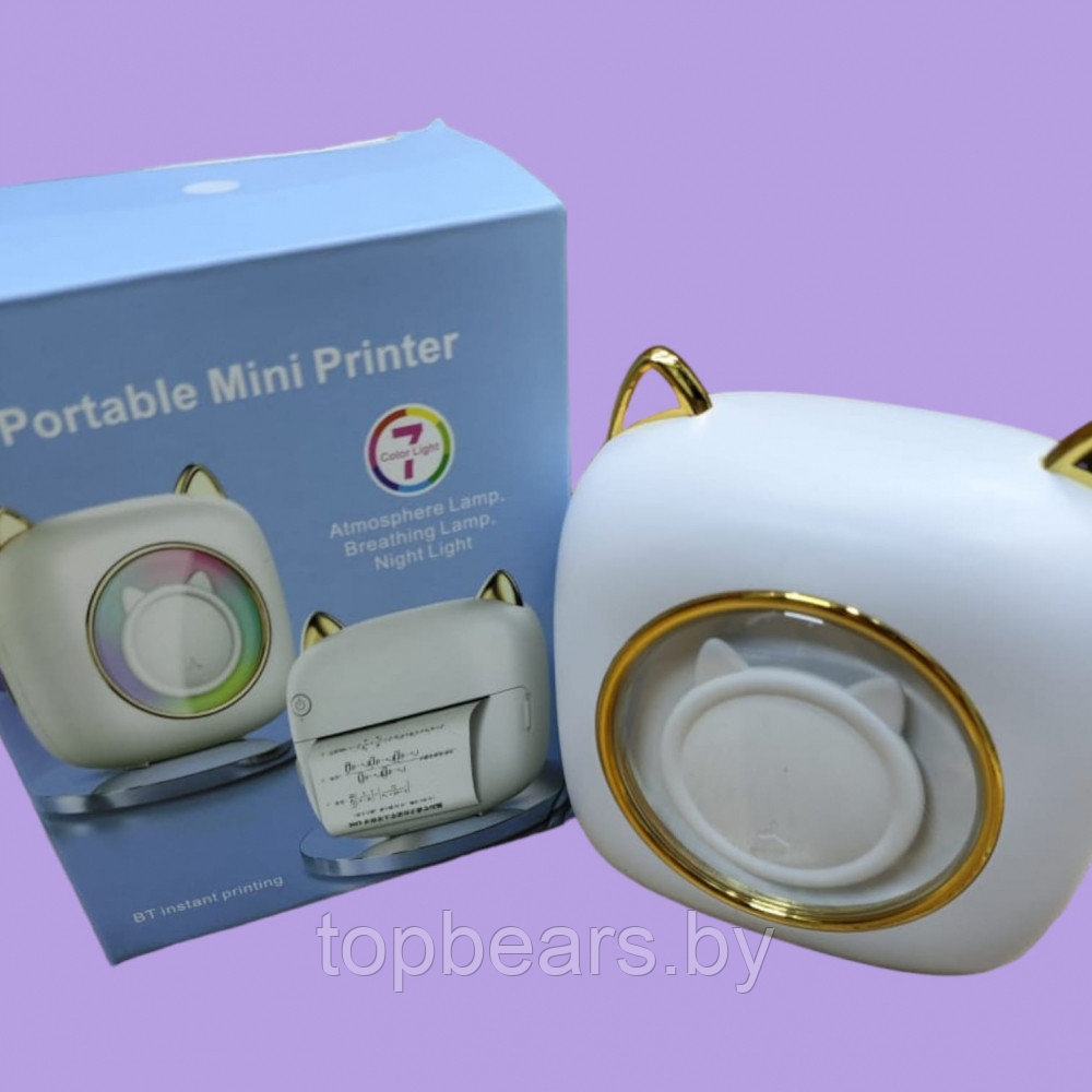 Портативный USB мини принтер Portable Mini Printer Котик для термопечати с телефона с подсветкой 7 LED Белый - фото 2 - id-p219442353