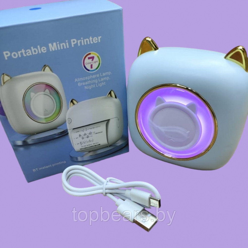 Портативный USB мини принтер Portable Mini Printer Котик для термопечати с телефона с подсветкой 7 LED Белый - фото 9 - id-p219442353