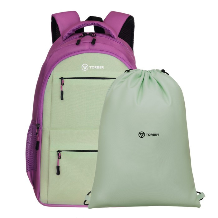 Рюкзак молодежный 45 х 30 х 18 см, эргономичная спинка, + мешок, TORBER CLASS X, розовый/салатовый - фото 1 - id-p219450614