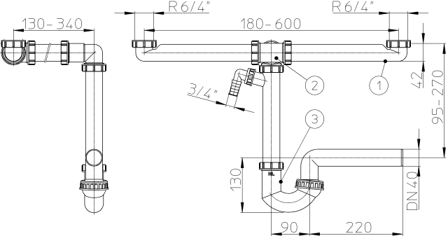 Сифон экономящий место для сдвоенной мойки/раковины HL126.2/40, горизонтальный выпуск DN40 мм (Австрия) - фото 2 - id-p219467767