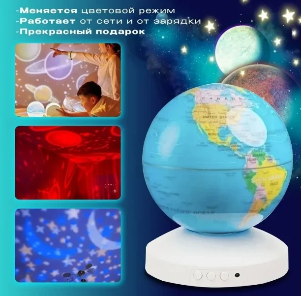 Ночник-проектор звездного неба Глобус Globe Projection , детский светильник ( 20 мелодий, 12 сменных картинок) - фото 8 - id-p219481786