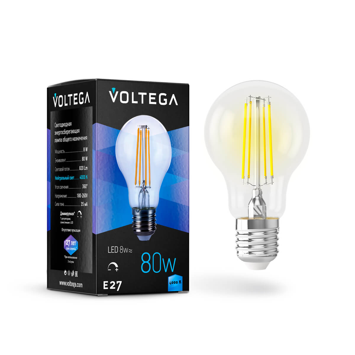 Лампа светодиодная филаментная диммируемая Voltega E27 8W 4000К прозрачная VG10-А1E27cold8W-FD 5490 - фото 1 - id-p219495428