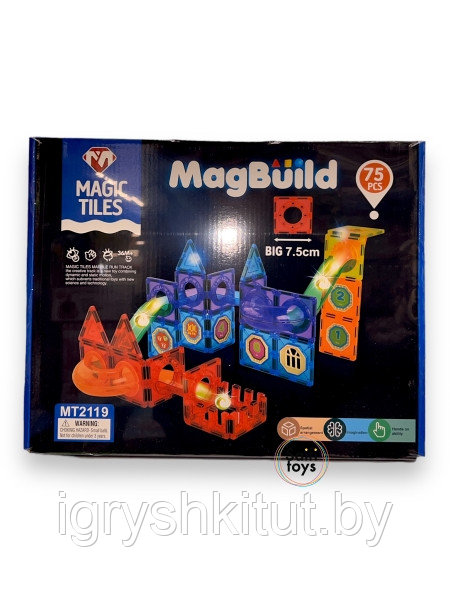 Детский магнитный конструктор Magic Tiles, 75 деталей, игра головоломка для детей - фото 5 - id-p219497627