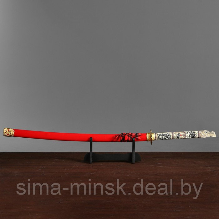 Сувенирное оружие «Катана на подставке», красные ножны, голова дракона на рукоятке, 108 см - фото 1 - id-p219496574