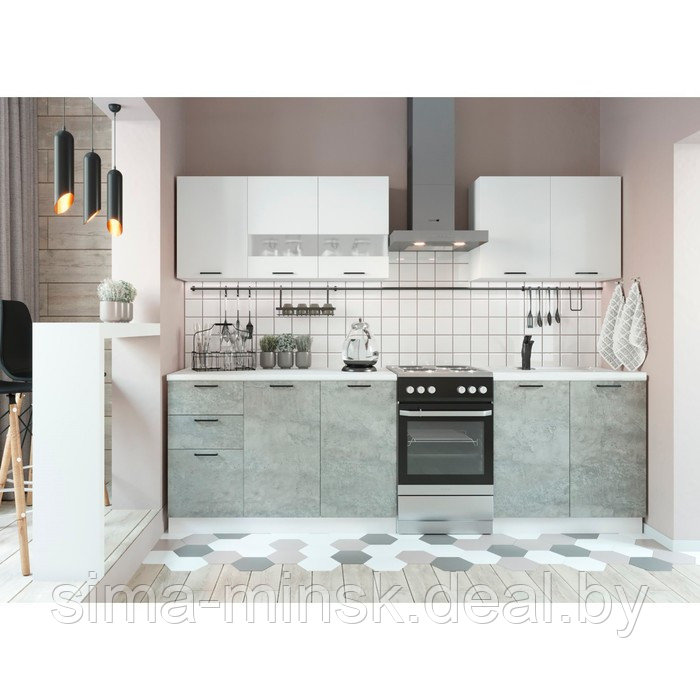 Кухонный гарнитур Солви, 2000х600, Белый бриллиант/Цемент - фото 1 - id-p219498143