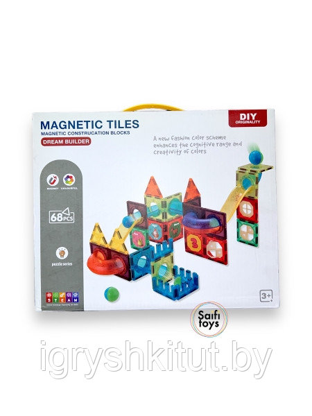 Детский магнитный конструктор Magnetic Tiles, 68 деталей, игра головоломка для детей - фото 1 - id-p219498977