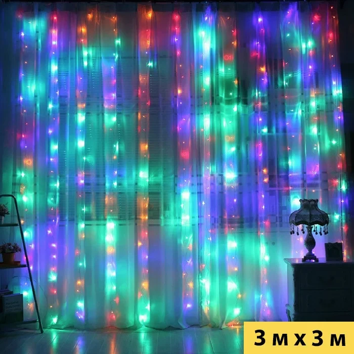 Светодиодная новогодняя шторка-гирлянда 3*3м цветная (мультиколор) - фото 3 - id-p219535049