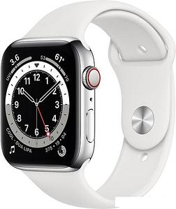 Умные часы Apple Watch Series 6 LTE 44 мм (сталь серебристый/белый спортивный)