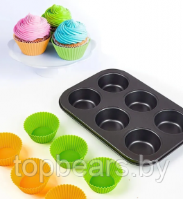 Форма для выпечки кексов, маффинов на 6 ячеек с силиконовыми вставками формочками / Силиконовые формы для - фото 1 - id-p219548257