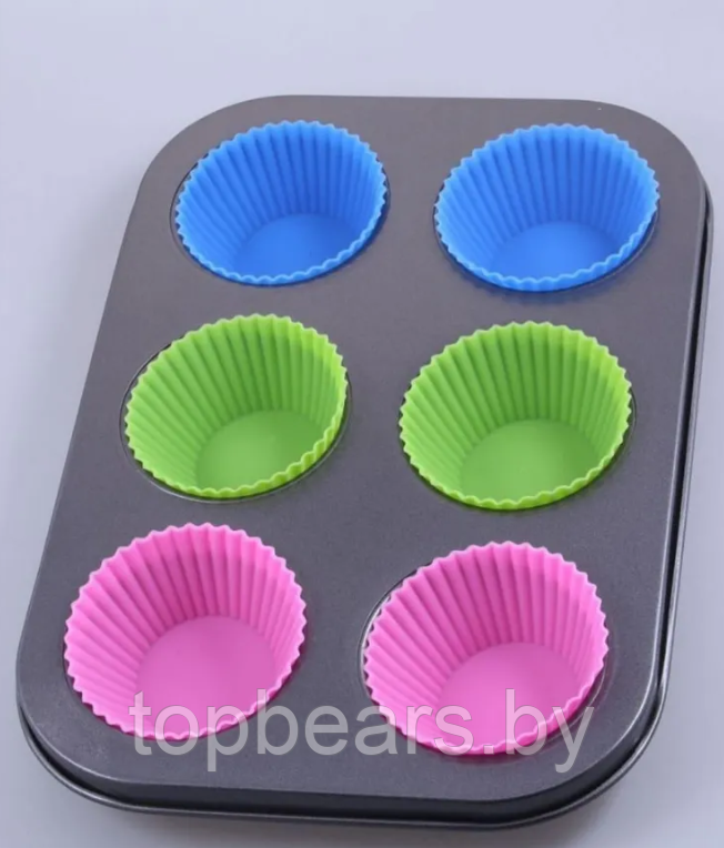 Форма для выпечки кексов, маффинов на 6 ячеек с силиконовыми вставками формочками / Силиконовые формы для - фото 5 - id-p219548257