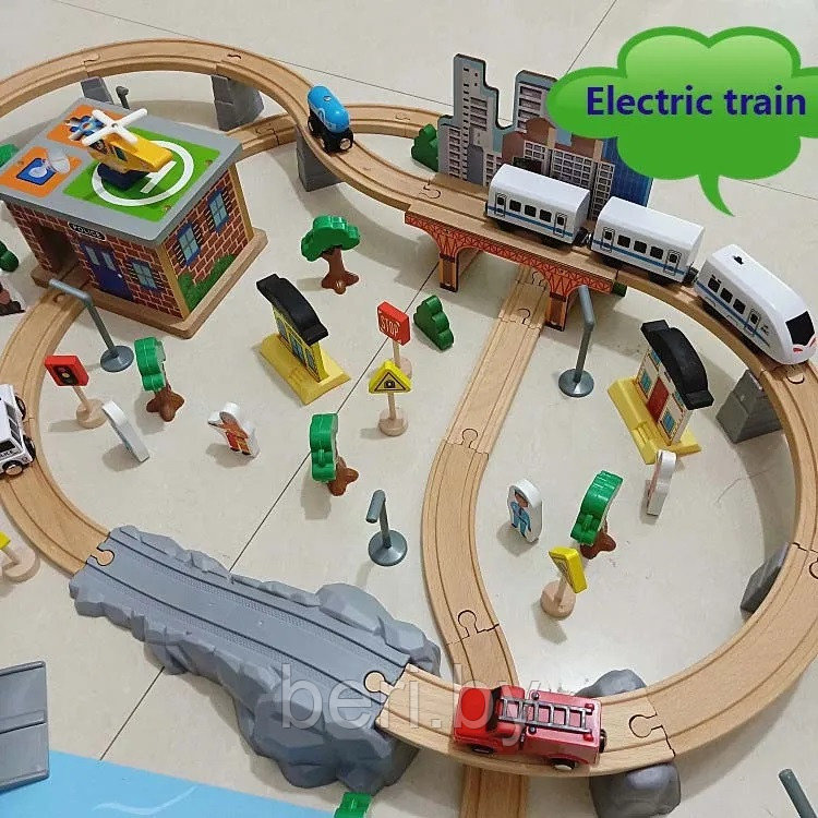 Деревянная железная дорога с поездом, станцией и машинками, 95 деталей ЭКО материалы - фото 7 - id-p219561607