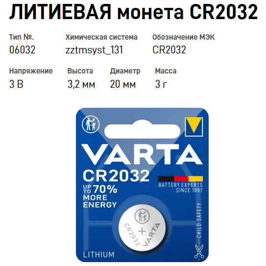 Батарейка CR2032 VARTA LITHIUM 3V - фото 2 - id-p219561891
