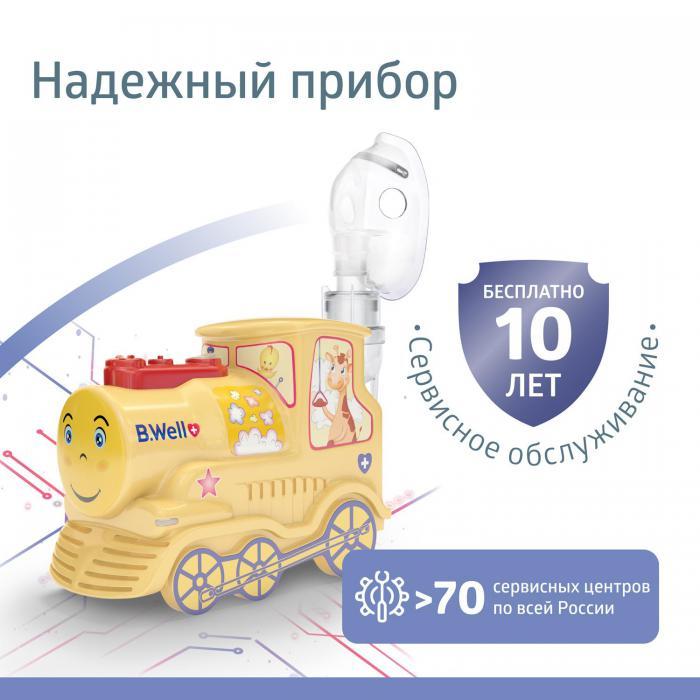 Детский ингалятор небулайзер B.Well PRO-115 паровозик компрессорный медицинский для взрослых и детей - фото 4 - id-p219582926