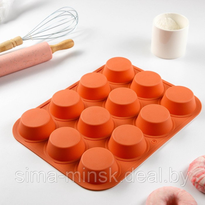 Форма силиконовая для выпечки Доляна «Круги», 12 ячеек, 33×25×2,6 см, d=7 см, цвет оранжевый - фото 1 - id-p219591451