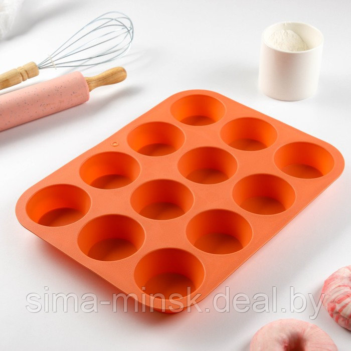 Форма силиконовая для выпечки Доляна «Круги», 12 ячеек, 33×25×2,6 см, d=7 см, цвет оранжевый - фото 2 - id-p219591451