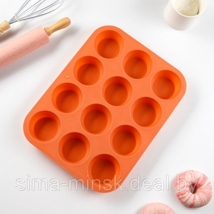 Форма силиконовая для выпечки Доляна «Круги», 12 ячеек, 33×25×2,6 см, d=7 см, цвет оранжевый - фото 3 - id-p219591451