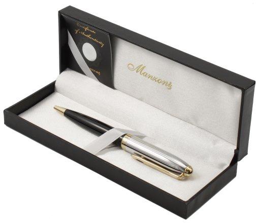 Ручка подарочная шариковая Manzoni Genova корпус хромированный с черной и золотистыми вставками - фото 3 - id-p219589732