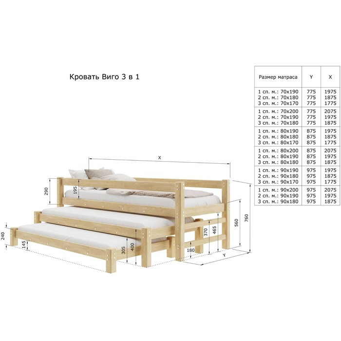 Кровать «Виго» с выдвижным спальным местом 3 в 1, 70 × 190 см, массив сосны, без покрытия - фото 4 - id-p219607260