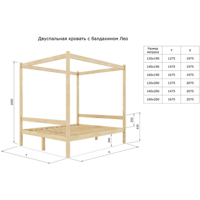 Двуспальная кровать «Лео» с каркасом под балдахин, 120×190 см, массив сосны, без покрытия - фото 2 - id-p219607819