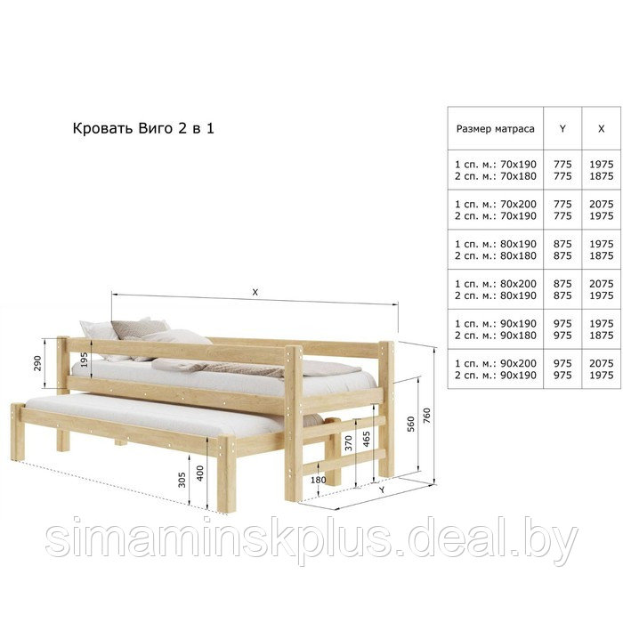 Кровать «Виго» с выдвижным спальным местом 2 в 1, 70 × 190 см, массив сосны, без покрытия - фото 4 - id-p219616398