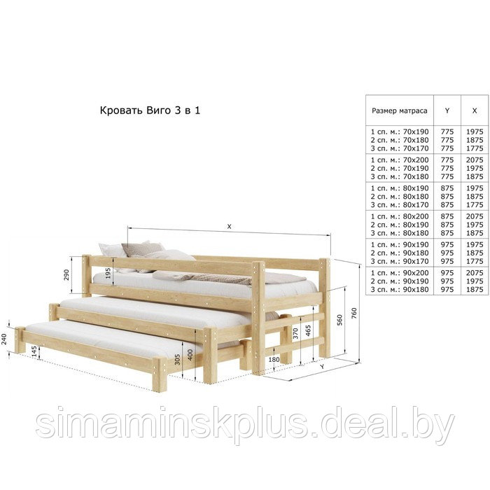 Кровать «Виго» с выдвижным спальным местом 3 в 1, 80 × 190 см, массив сосны, без покрытия - фото 4 - id-p219616407