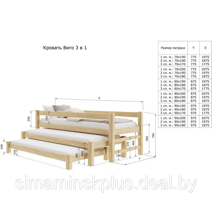 Кровать «Виго» с выдвижным спальным местом 3 в 1, 80 × 200 см, массив сосны, без покрытия - фото 4 - id-p219616408