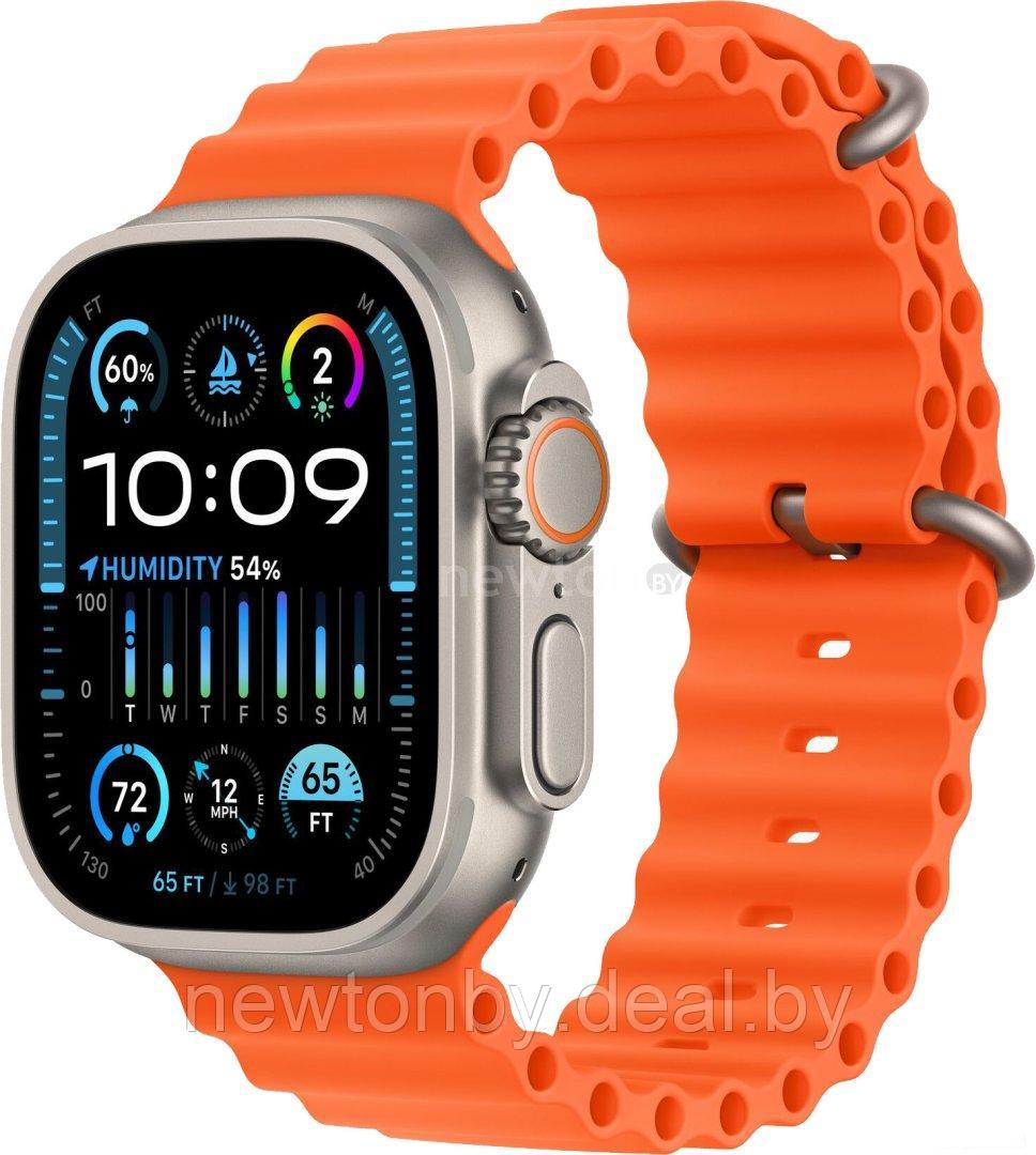 Умные часы Apple Watch Ultra 2 LTE 49 мм (титановый корпус, титановый/оранжевый, ремешок из эластомера) - фото 1 - id-p219627368