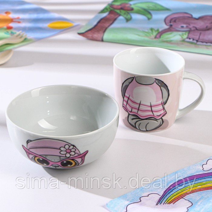 Набор детской посуды из керамики Доляна «Котик», 2 предмета: кружка 230 мл, миска 400 мл - фото 2 - id-p219639774
