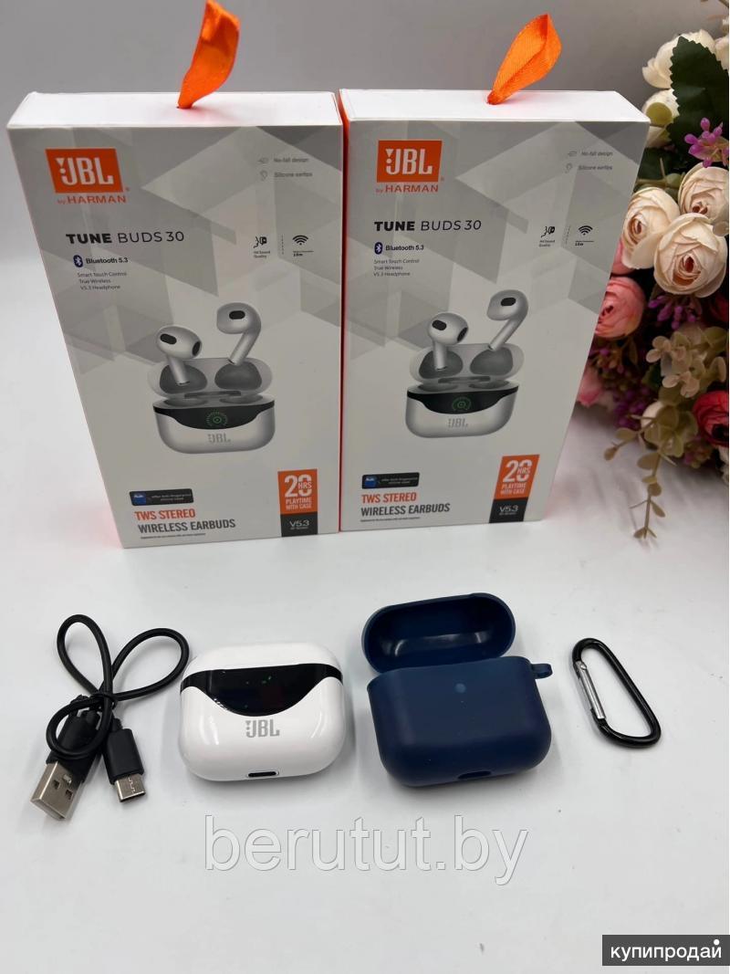 Беспроводные наушники JBL Tune buds 30 с индикатором зарядки копия для iPhone Android - фото 1 - id-p219652479