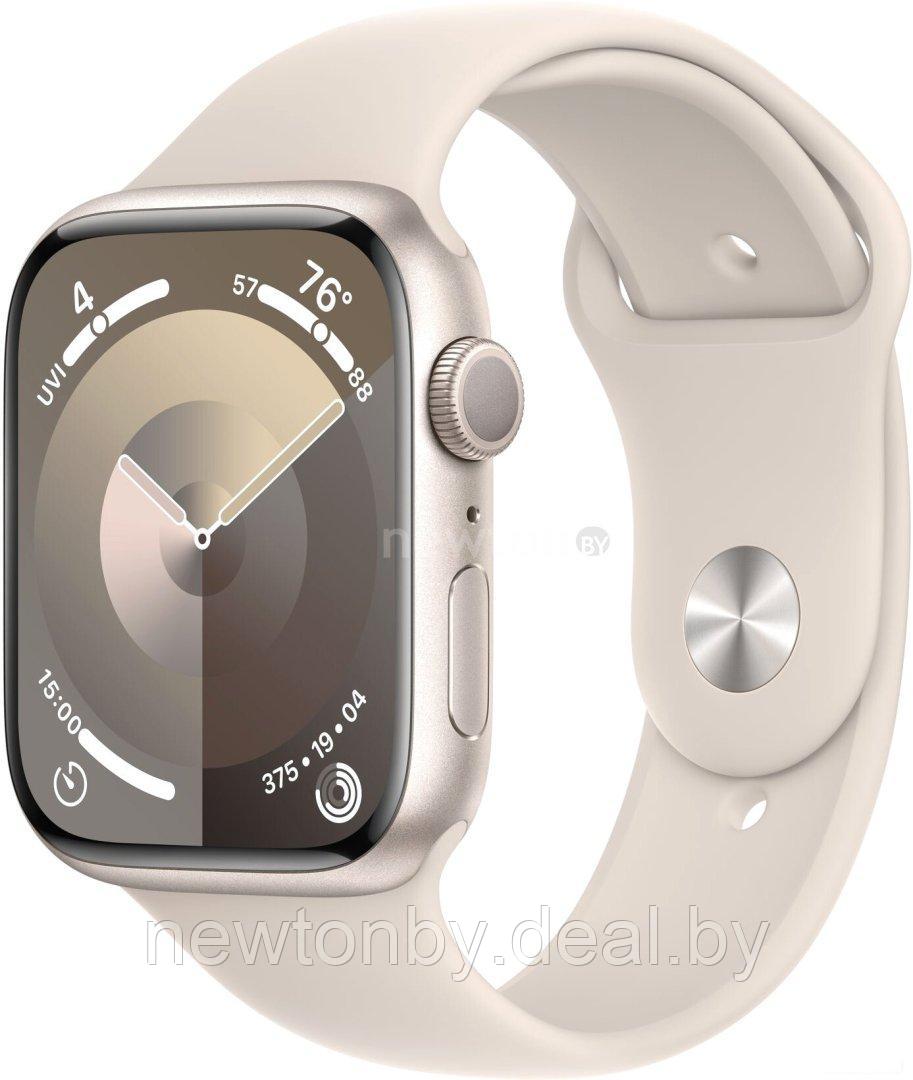 Умные часы Apple Watch Series 9 45 мм (алюминиевый корпус, звездный свет/звездный свет, спортивный силиконовый - фото 1 - id-p219664944