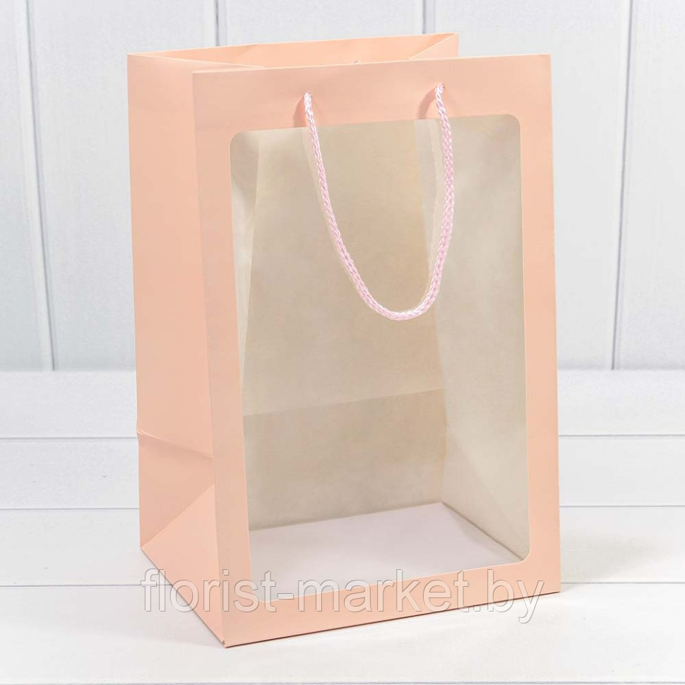Пакет прямоугольный подарочный с окошком, 20*30*16 см, Розовый - фото 1 - id-p219665170