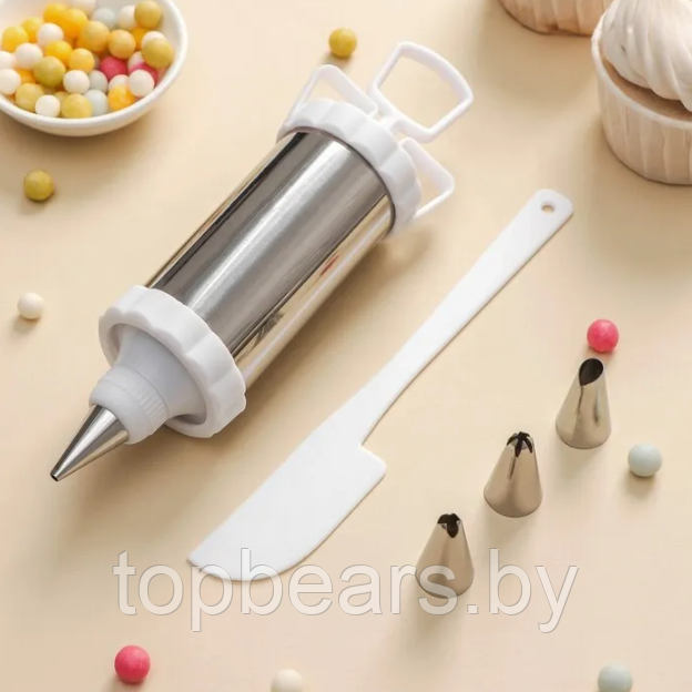 Шприц кондитерский металлический Bakery Tools, 4 насадки и ножик - фото 3 - id-p219685045