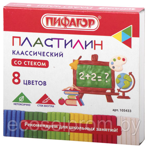 Пластилин классический ПИФАГОР ШКОЛЬНЫЙ, 8 цветов, 120 г, со стеком, 105433 - фото 1 - id-p219697440