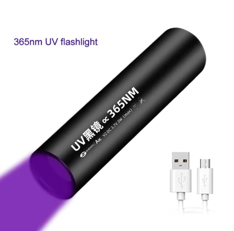 Ультрафиолетовый фонарь, компактный, алюминиевый корпус, аккумуляторный, кабель micro USB в комлекте