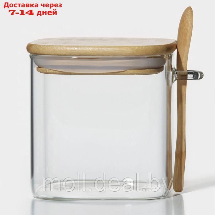 Банка стеклянная для сыпучих продуктов с бамбуковой крышкой и ложкой BellaTenero "Эко" 750 мл, 11,5×10×11 см - фото 4 - id-p219686031