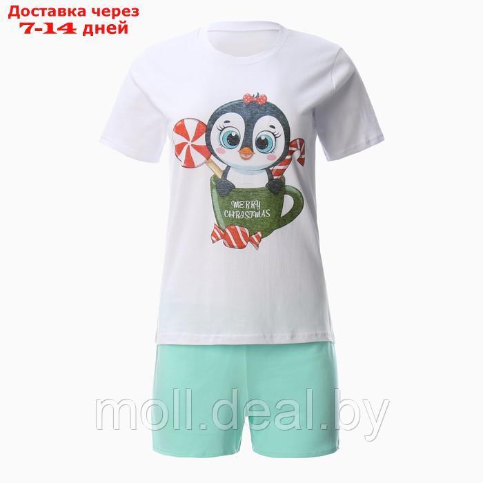 Комплект (футболка,шорты) домашний женский, цвет белый/зеленый, р-р 48
