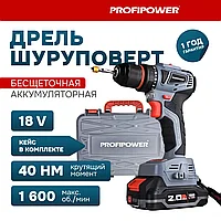 Дрель-шуруповерт бесщеточная ProfiPower MKBL-18B (40 Нм, 2 АКБ 2 А/ч, патрон металл, кейс) T0056