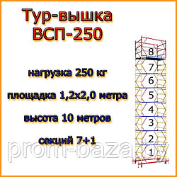 Вышка-тура ВСП 250, Н=10,0м, площадка 2,0х1,2м, строительная передвижная