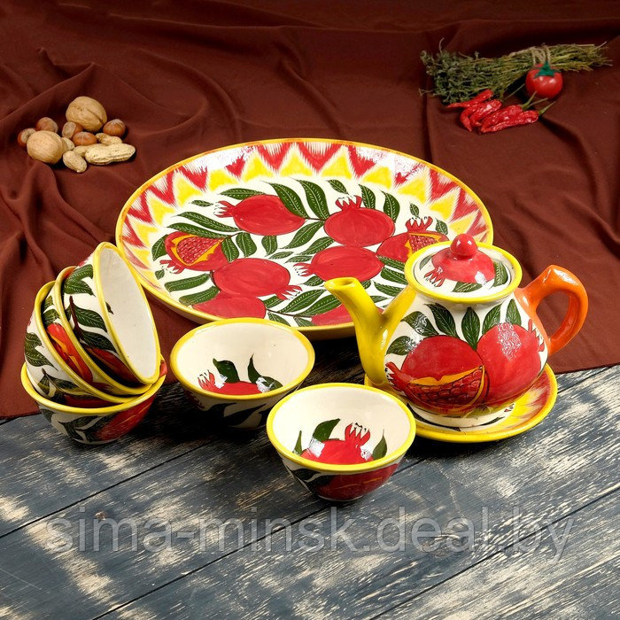 Набор чайный Риштанская керамика "Гранаты", 9 предметов (чайник 1 л, пиалы 0,5/0,3 л) - фото 2 - id-p219790155