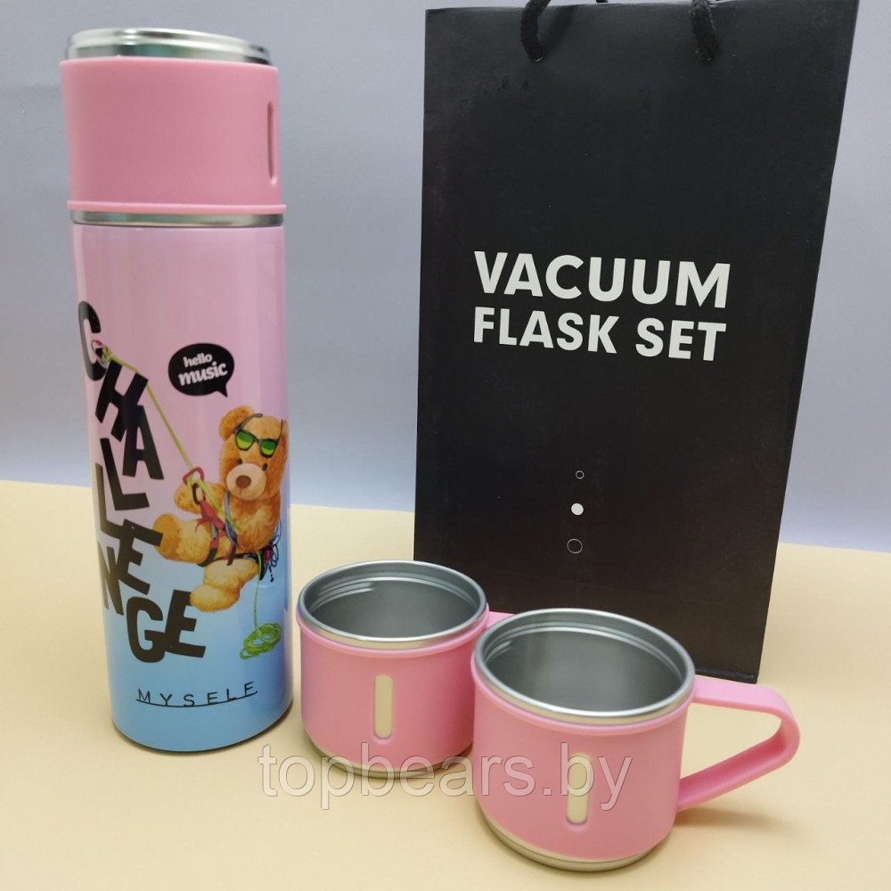 Термос Мишка с тремя кружками Vacuum set / Подарочный набор с вакуумной изоляцией / 500 мл. Розовый - фото 9 - id-p219791036