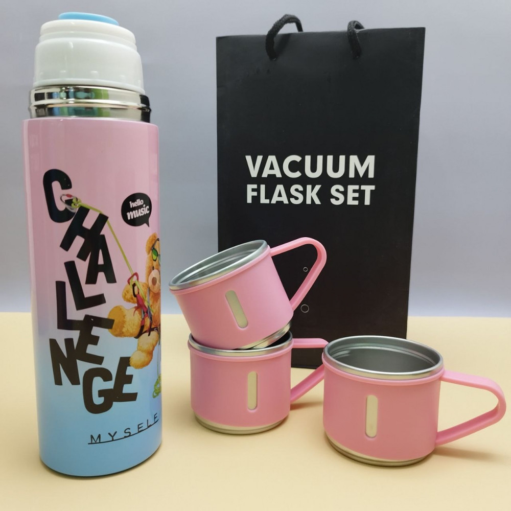 Термос Мишка с тремя кружками Vacuum set / Подарочный набор с вакуумной изоляцией / 500 мл. Розовый - фото 10 - id-p219792561