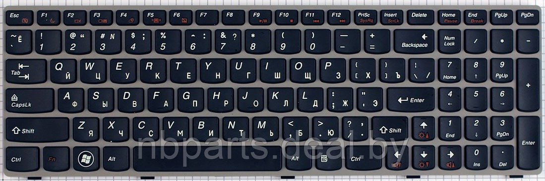 Клавиатура для ноутбука Lenovo Z570, B570, чёрная, большой Enter, с серой рамкой, RU - фото 1 - id-p111769278