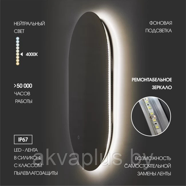 Зеркало с фоновой подсветкой, сенсорной кнопкой Seoul 8050s-4 (80*50 см) - нейтральный свет - фото 4 - id-p219795674