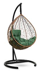 Подвесное кресло-кокон SEVILLA COMFORT ротанг горячий шоколад, подушка зеленая