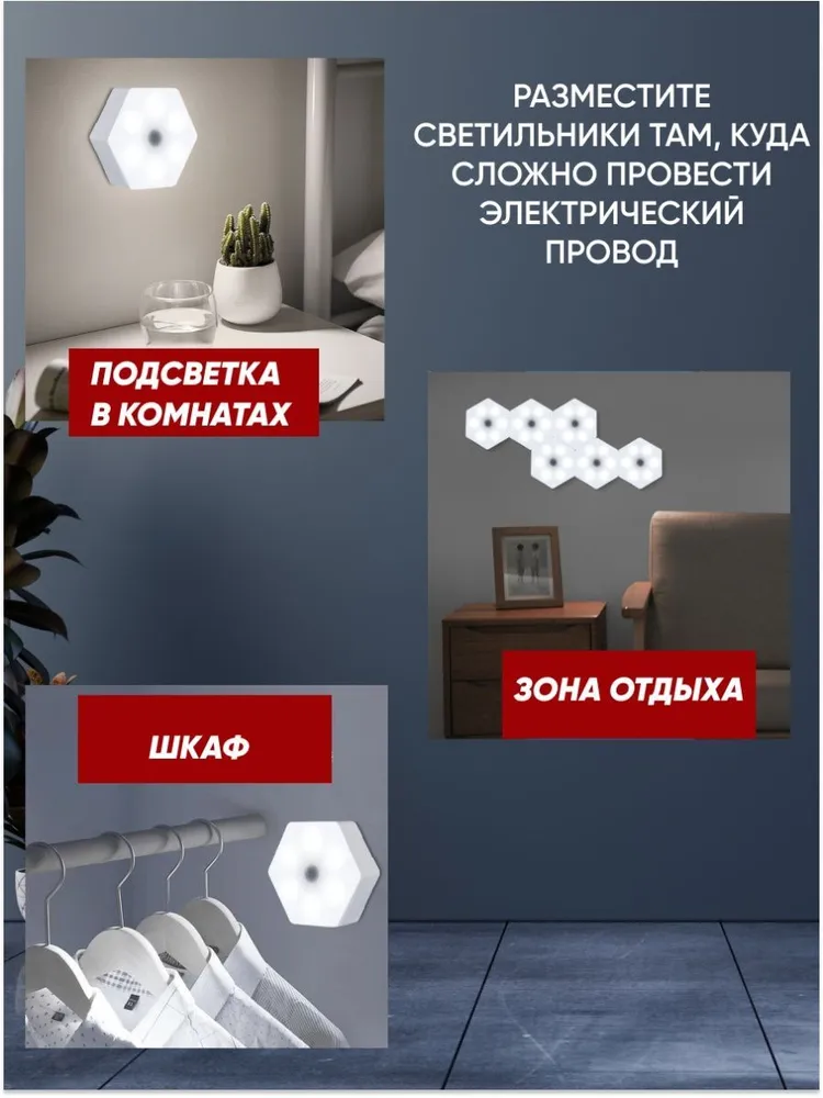 Набор светодиодных светильников «Соты» Multi Light Night AS0508 (3 шт, пульт ДУ) - фото 3 - id-p219812362