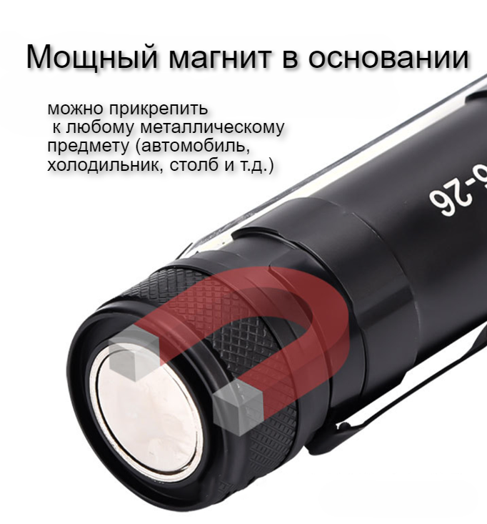 Фонарь ручной - Yemstza YM-T6-26 + COB(боковая подсветка), 5 режимов света, зум, аккумулятор 1x18650, магнит - фото 3 - id-p219812787